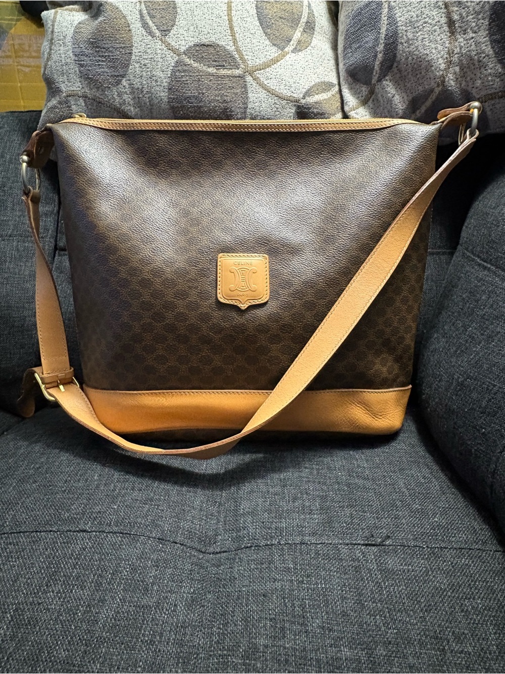 Celine Brown Monogram Canvas Crossbody Bag with Tan Leather Trim